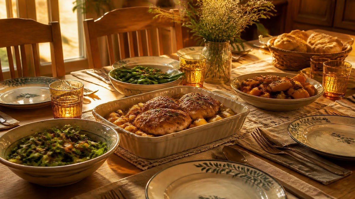 Family dinner table set with warm simple meal
