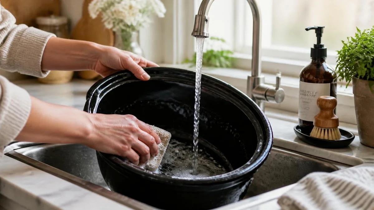 Slow cooker insert being washed