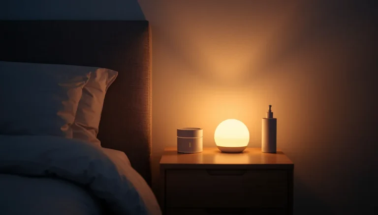 Calm bedroom with soft nightlight and sleep accessories