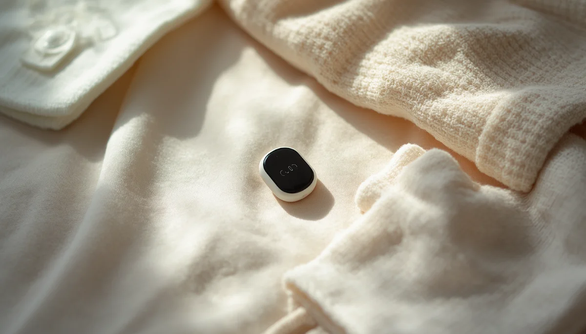 Small wearable sensor beside baby clothing