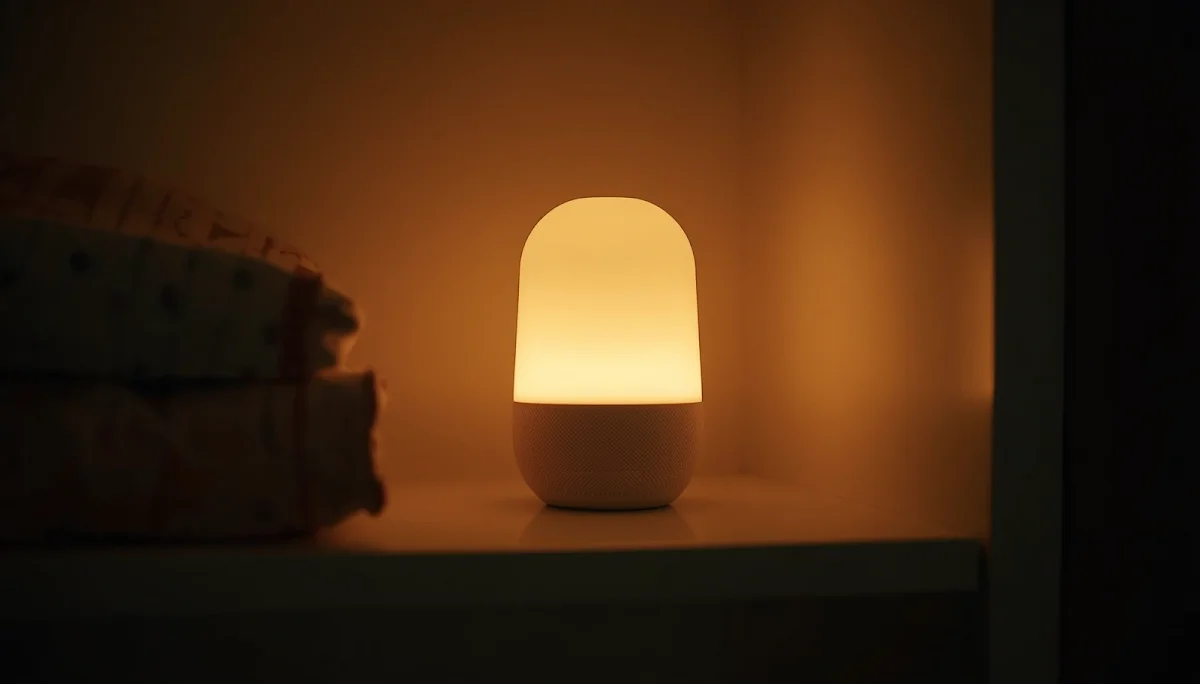 Small white noise machine glowing softly on nursery shelf