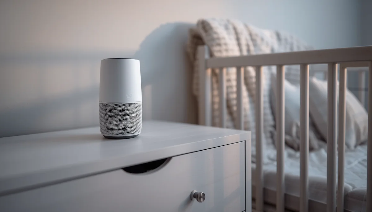 White noise machine on nursery dresser near crib