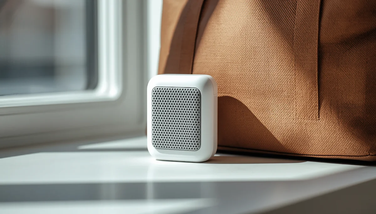 Small portable white noise machine beside travel bag