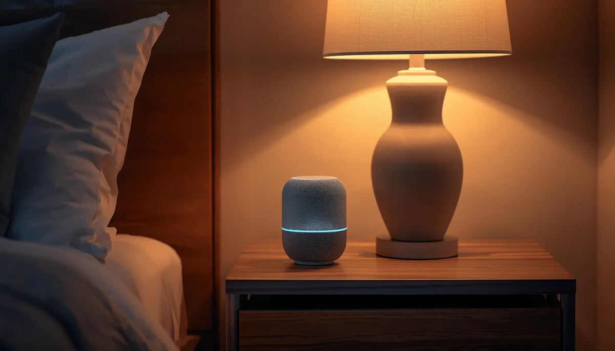White noise machine on adult nightstand beside lamp