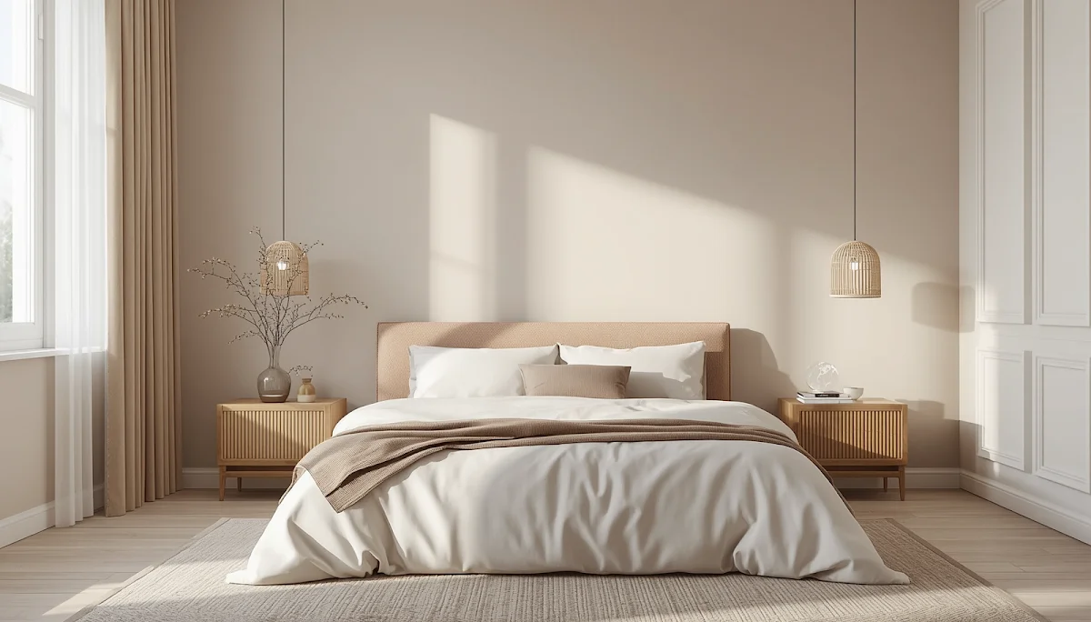 Calm bedroom with soft lighting and neutral tones