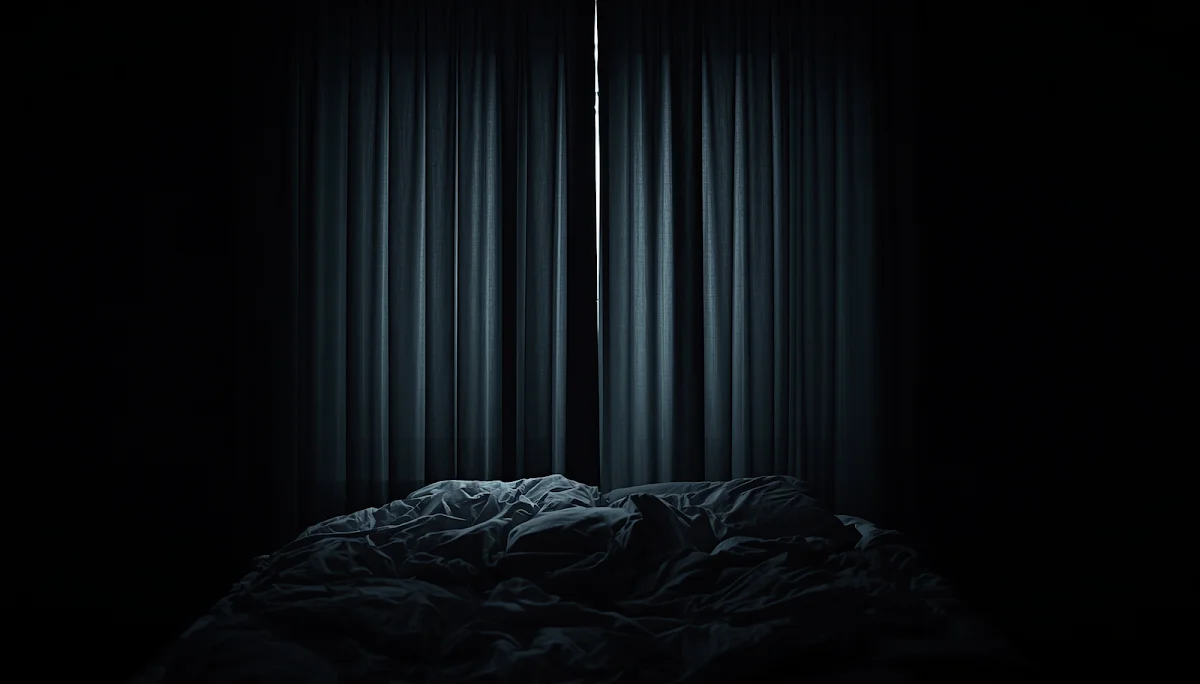 Dark bedroom with blackout curtains drawn