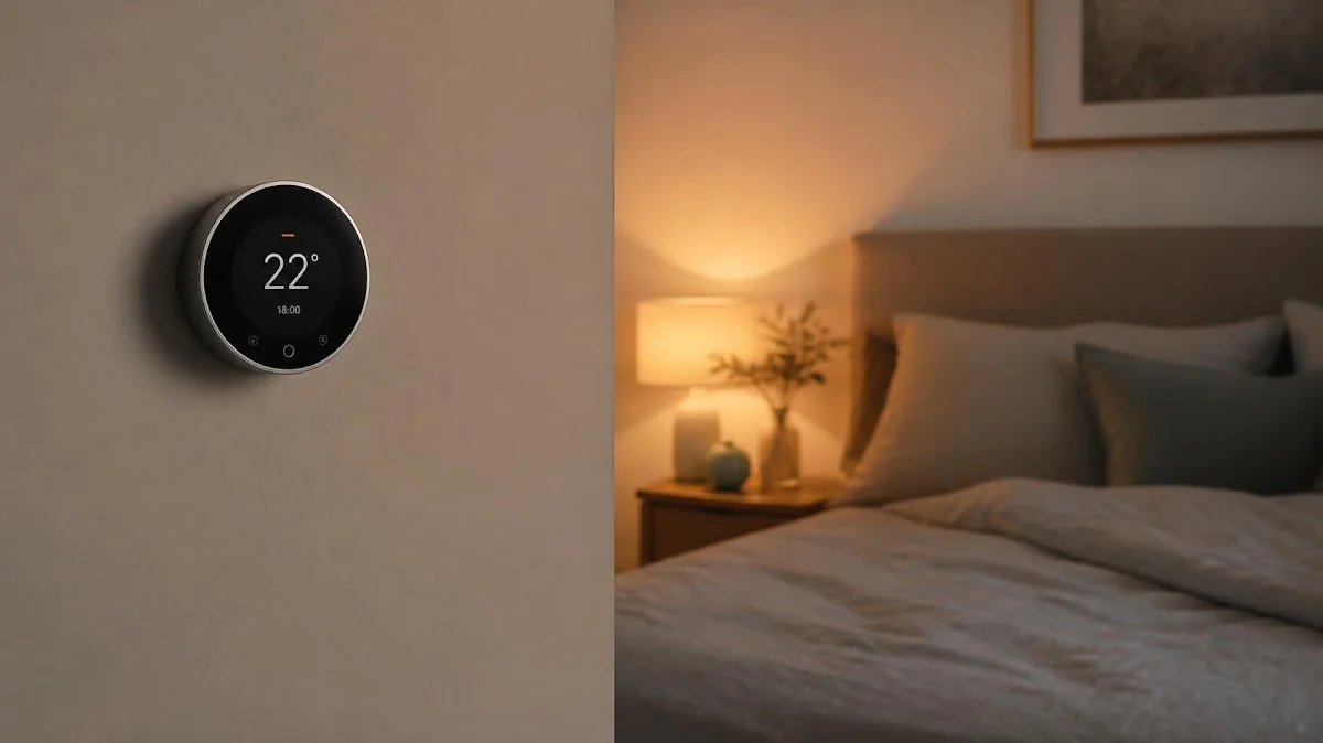 Simple room thermostat display near bed