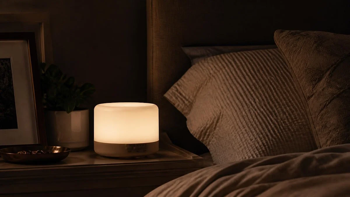 Soft glow of white noise machine in dim room