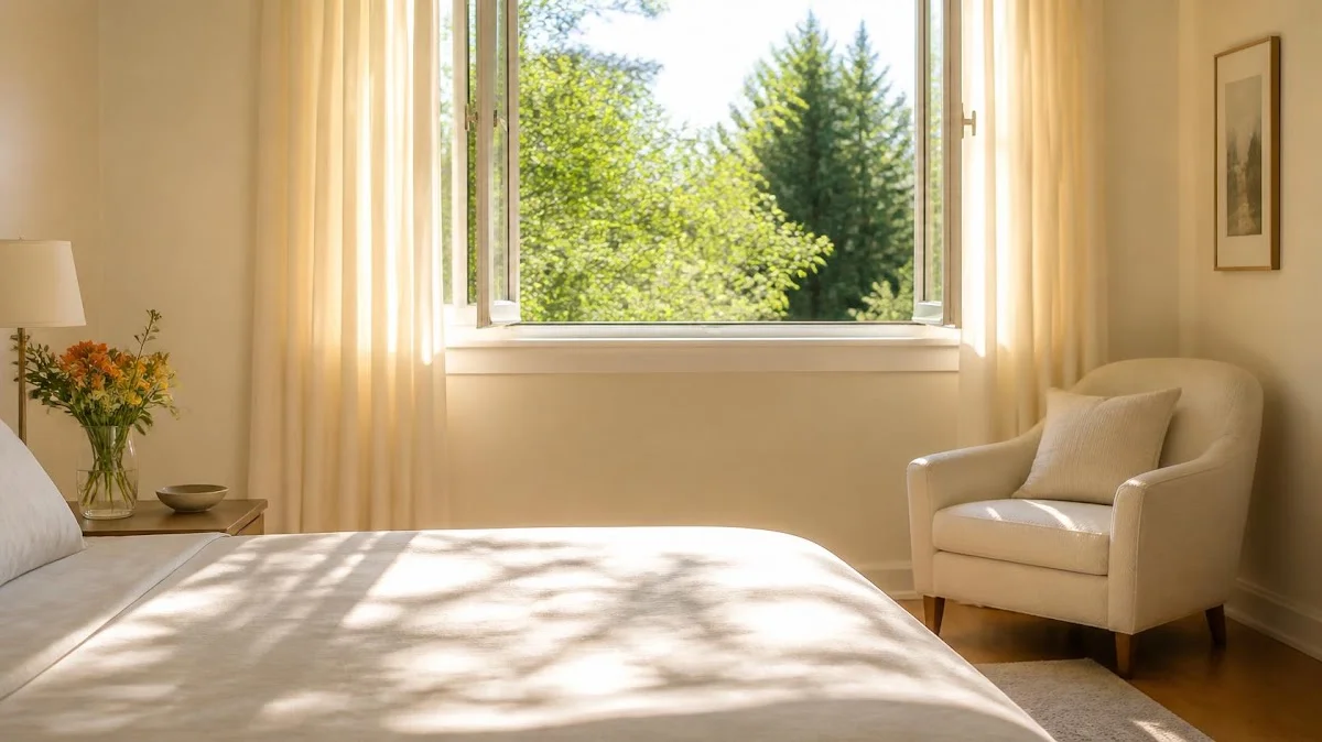 Bright bedroom in morning light with curtains open