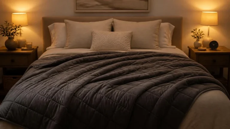 Weighted blanket folded on adult bed