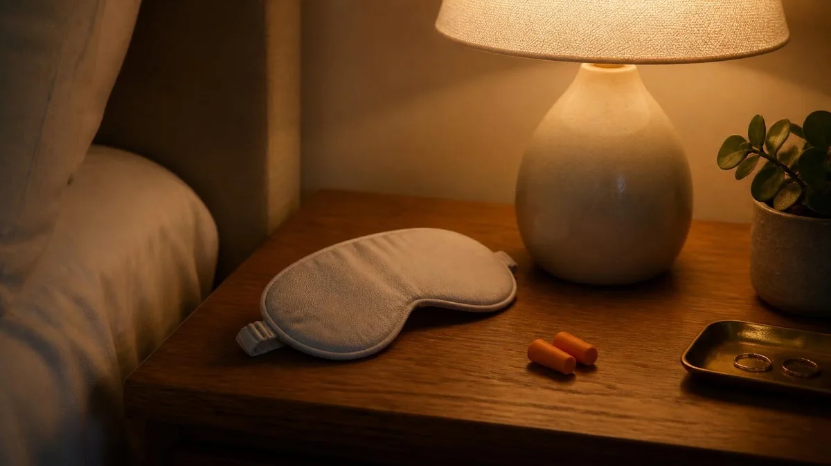 Simple sleep mask and earplugs on nightstand