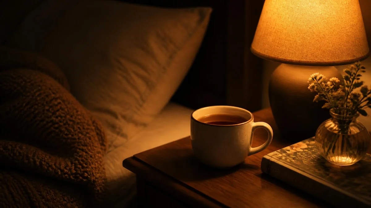 Warm mug of tea beside dim lamp on nightstand